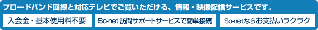 ブロードバンド回線と対応テレビでご覧いただける、情報・映像配信サービスです。入会金・基本使用料不要｜So-netなら出張設定でカンタン接続｜So-netならお支払いラクラク