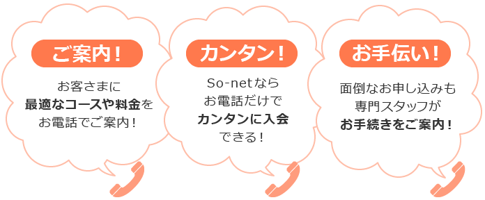 ご案内！ お客さまに最適なコースや料金をお電話でご案内！／カンタン！ So-netならお電話だけでカンタンに入金できる！／お手伝い！ 面倒なお申し込みも専門スタッフが代わりにお手続き！