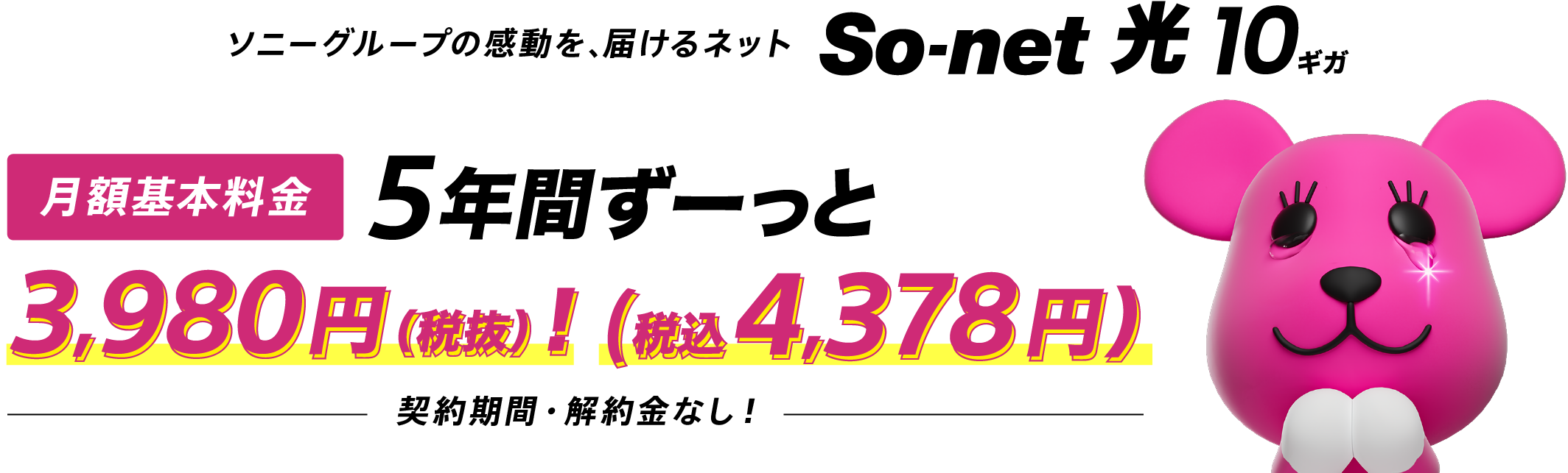 ソニーグループの感動を、届けるネットソネット 光 10ギガ 月額基本料金 5年間ずーっと3,980円（税抜）（税込4,378円） しかも契約期間・解約金なし