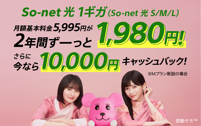 ソネット光 1ギガ（ソネット光 S/M/L） 月額基本料金5,995円が2年間ずーっと1,980円 さらに今なら10,000円キャッシュバック※Mプラン新設の場合