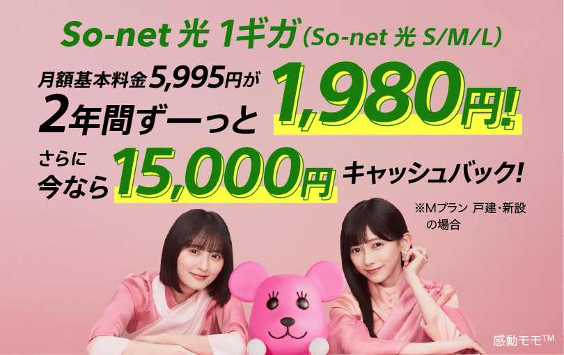 ソネット光 1ギガ（ソネット光 S/M/L） 月額基本料金5,995円が2年間ずーっと1,980円 さらに今なら15,000円キャッシュバック※Mプラン戸建・新設の場合