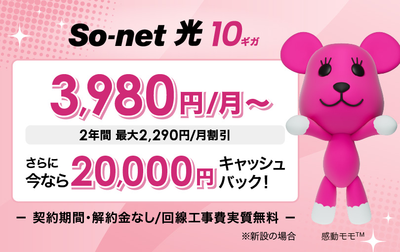 ソネット 光 10ギガ 3,980円/月～ 2年間 最大2,290円/月割引 さらに​今なら​20,000円キャッシュバック 契約期間・解約金なし/回線工事費実質無料