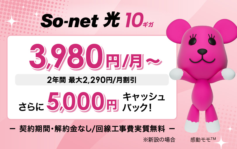ソネット 光 10ギガ 3,980円/月～ 2年間 最大2,290円/月割引 さらに​今なら​5,000円キャッシュバック 契約期間・解約金なし/回線工事費実質無料 ※新設の​場合