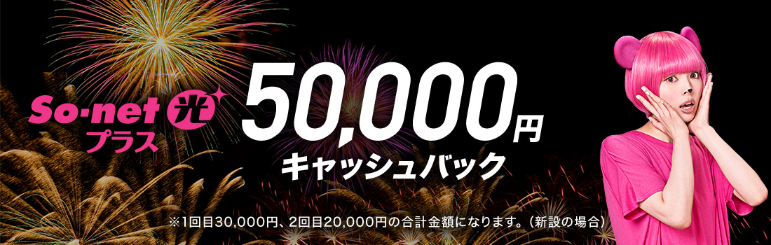 So-net 光 プラス 大還元祭 60,000円キャッシュバック (新設の場合) ※1回目30,000円、2回目30,000円の合計金額になります。