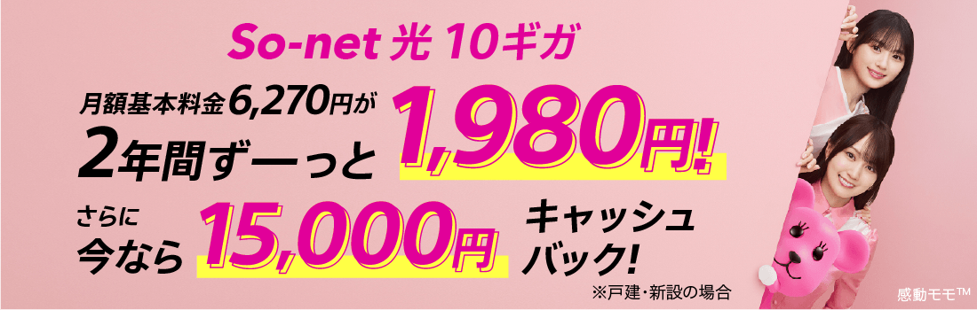 ソネット 光 10ギガ 月額基本料金6,270円が​2年間ずーっと​1,980円 さらに​今なら​15,000円キャッシュバック ※戸建・新設の​場合