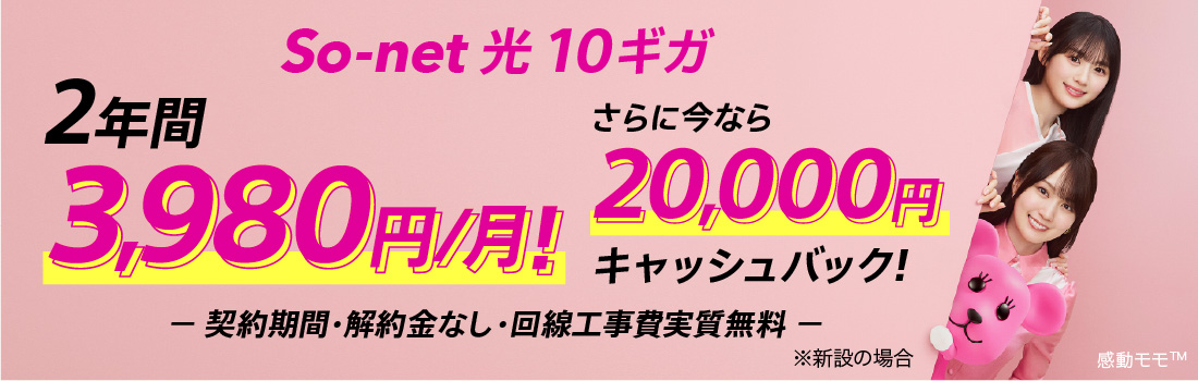 ソネット 光 10ギガ2年間3,980円/月 さらに今なら20,000円キャッシュバック 契約期間・解約金なし・回線工事費実質無料 ※新設の場合