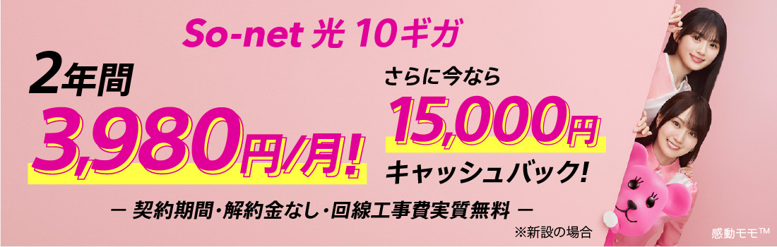 ソネット 光 10ギガ2年間3,980円/月 さらに今なら15,000円キャッシュバック 契約期間・解約金なし・回線工事費実質無料 ※新設の場合