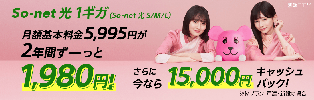 ソネット光 1ギガ​（ソネット光 S/M/L）​ 月額基本料金5,995円が​2年間ずーっと​1,980円 さらに​今なら​15,000円キャッシュバック※Mプラン戸建・新設の​場合