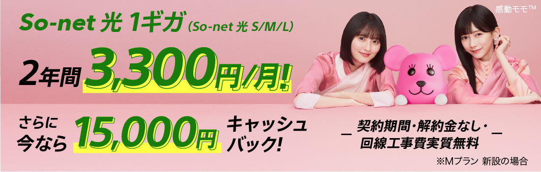 ソネット 光 1ギガ （ソネット 光 S/M/L）2年間3,300円/月 さらに今なら15,000円キャッシュバック 契約期間・解約金なし・回線工事費実質無料 ※Mプラン 新設の場合