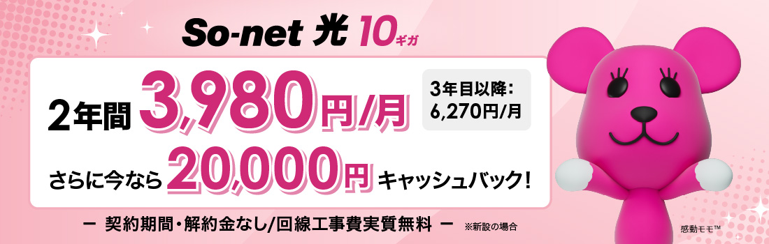 ソネット 光 10ギガ2年間3,980円/月 さらに今なら20,000円キャッシュバック 契約期間・解約金なし・回線工事費実質無料 ※新設の場合
