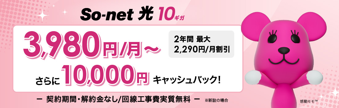 ソネット 光 10ギガ 3,980円/月～ 2年間 最大2,290円/月割引 さらに​10,000円キャッシュバック 契約期間・解約金なし/回線工事費実質無料 ※新設の​場合