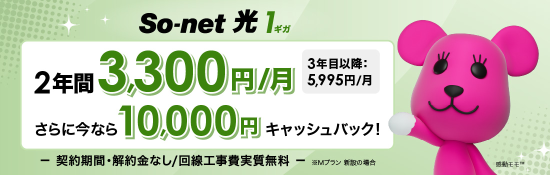 ソネット 光 1ギガ （ソネット 光 S/M/L）2年間3,300円/月 さらに今なら10,000円キャッシュバック 契約期間・解約金なし・回線工事費実質無料 ※Mプラン 新設の場合