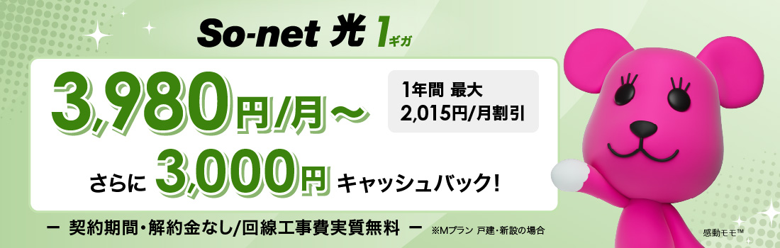ソネット 光 1ギガ 3,980円/月～ 1年間 最大2,015円/月割引 さらに​3,000円キャッシュバック 契約期間・解約金なし/回線工事費実質無料 ※Mプラン  戸建・新設の​場合