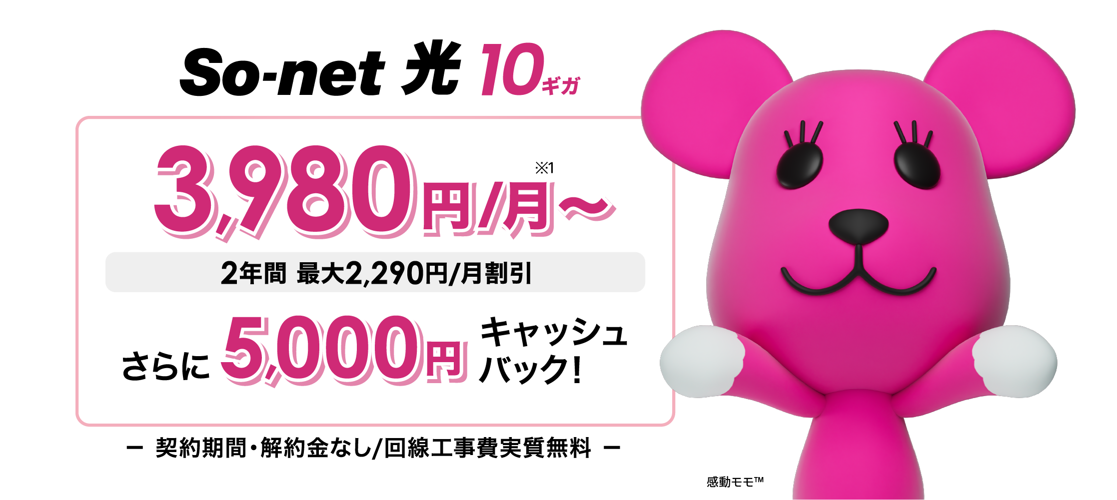 ソネット 光 10ギガ 3,980円/月～※1 2年間 最大2,290円/月割引 さらに5,000円キャッシュバック 契約期間・解約金なし/回線工事費実質無料