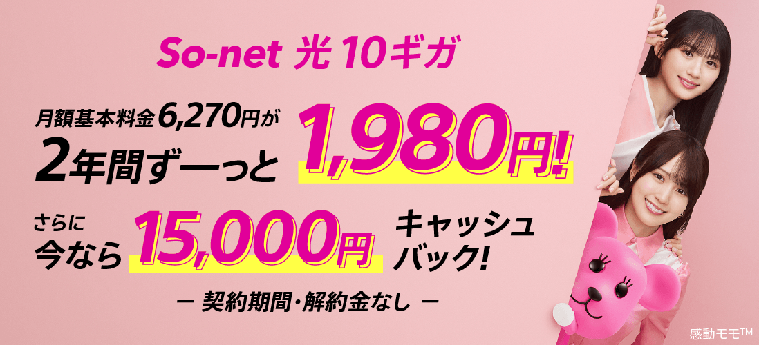 ソネット 光 10ギガ 月額基本料金6,270円が2年間ずーっと1,980円 さらに今なら15,000円キャッシュバック 契約期間・解約金なし