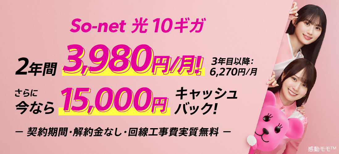 ソネット 光 10ギガ 2年間3,980円/月 3年目以降6,270円/月 さらに今なら15,000円キャッシュバック 契約期間・解約金なし・回線工事費実質無料