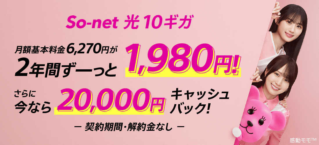 ソネット 光 10ギガ 月額基本料金6,270円が2年間ずーっと1,980円 さらに今なら20,000円キャッシュバック 契約期間・解約金なし