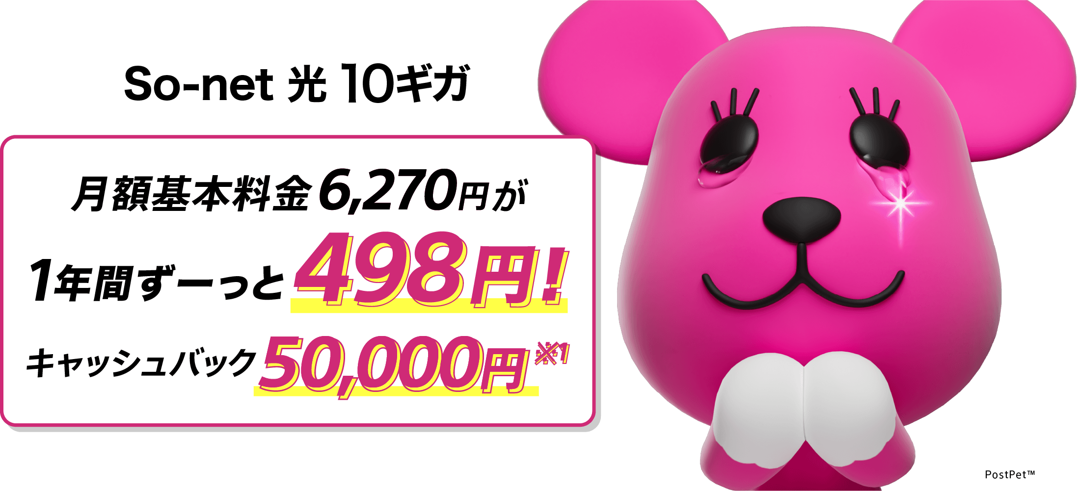 ソネット 光 10ギガ 月額基本料金6,270円が1年間ずーっと498円 さらにキャッシュバック50,000円※1