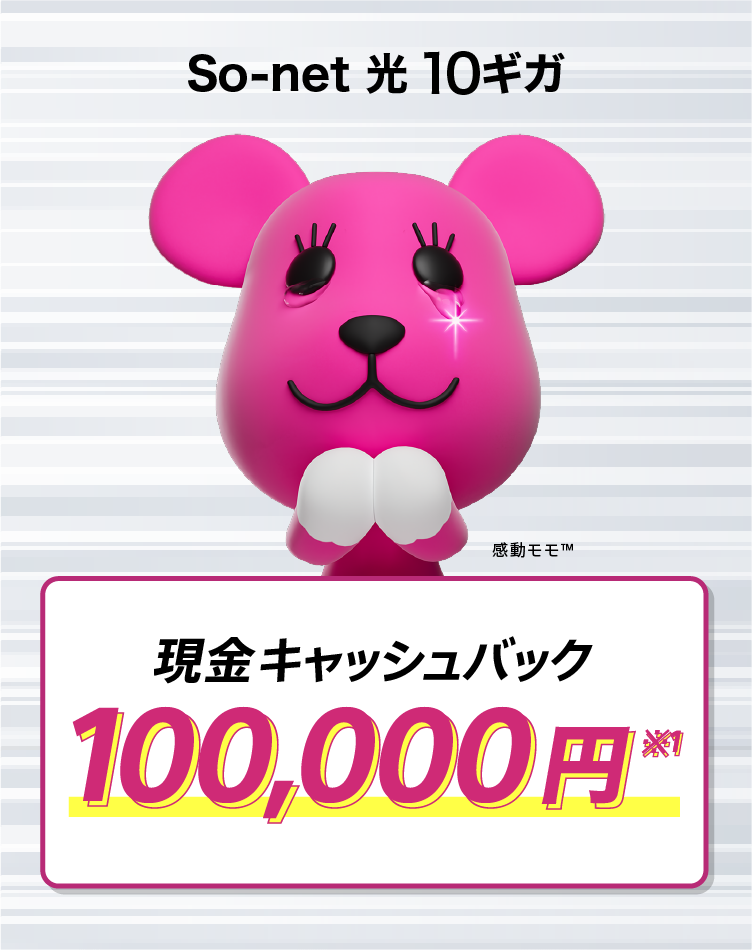 ソネット 光 10ギガ 月額基本料金6,270円が1年間ずーっと498円 さらにキャッシュバック50,000円※1