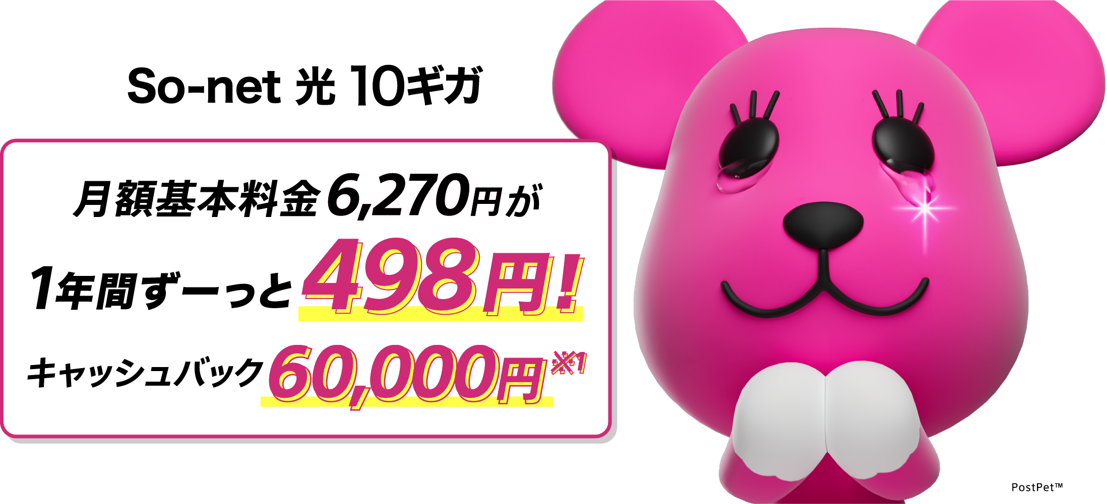 ソネット 光 10ギガ 月額基本料金6,270円が1年間ずーっと498円 さらにキャッシュバック60,000円※1