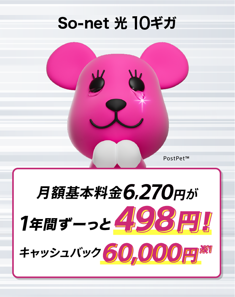 ソネット 光 10ギガ 月額基本料金6,270円が1年間ずーっと498円 さらにキャッシュバック60,000円※1