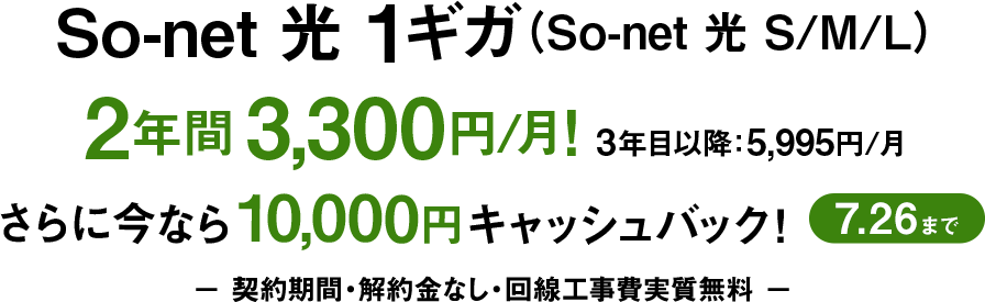 ソネット 光 1ギガ （ソネット 光 S/M/L）2年間3,300円/月 3年目以降5,995円/月 さらに今なら15,000円キャッシュバック7/19まで 契約期間・解約金なし・回線工事費実質無料