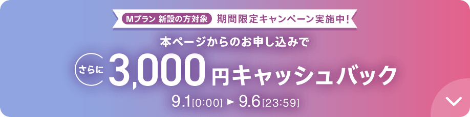 Mプラン新設の方対象 期間限定キャンペーン実施中 本ページからのお申し込みでさらに3,000円キャッシュバック 9/1 0:00～9/6 23:59