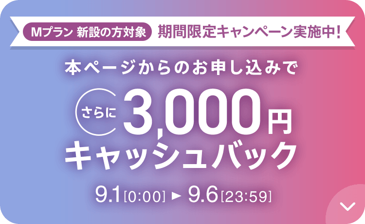 Mプラン新設の方対象 期間限定キャンペーン実施中 本ページからのお申し込みでさらに3,000円キャッシュバック 9/1 0:00～9/6 23:59