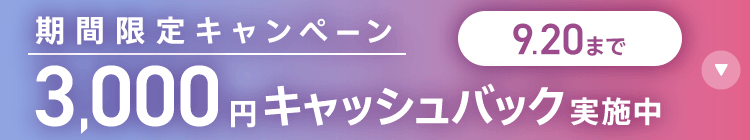 期間限定キャンペーン10,000円キャッシュバック実施中 9/20まで