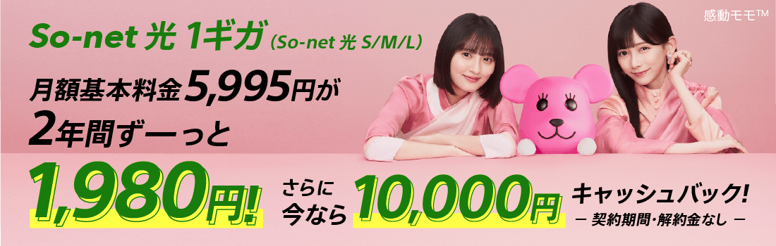 ソネット光 1ギガ（ソネット光 S/M/L） 月額基本料金5,995円が2年間ずーっと1,980円 さらに今なら10,000円キャッシュバック 契約期間・解約金なし