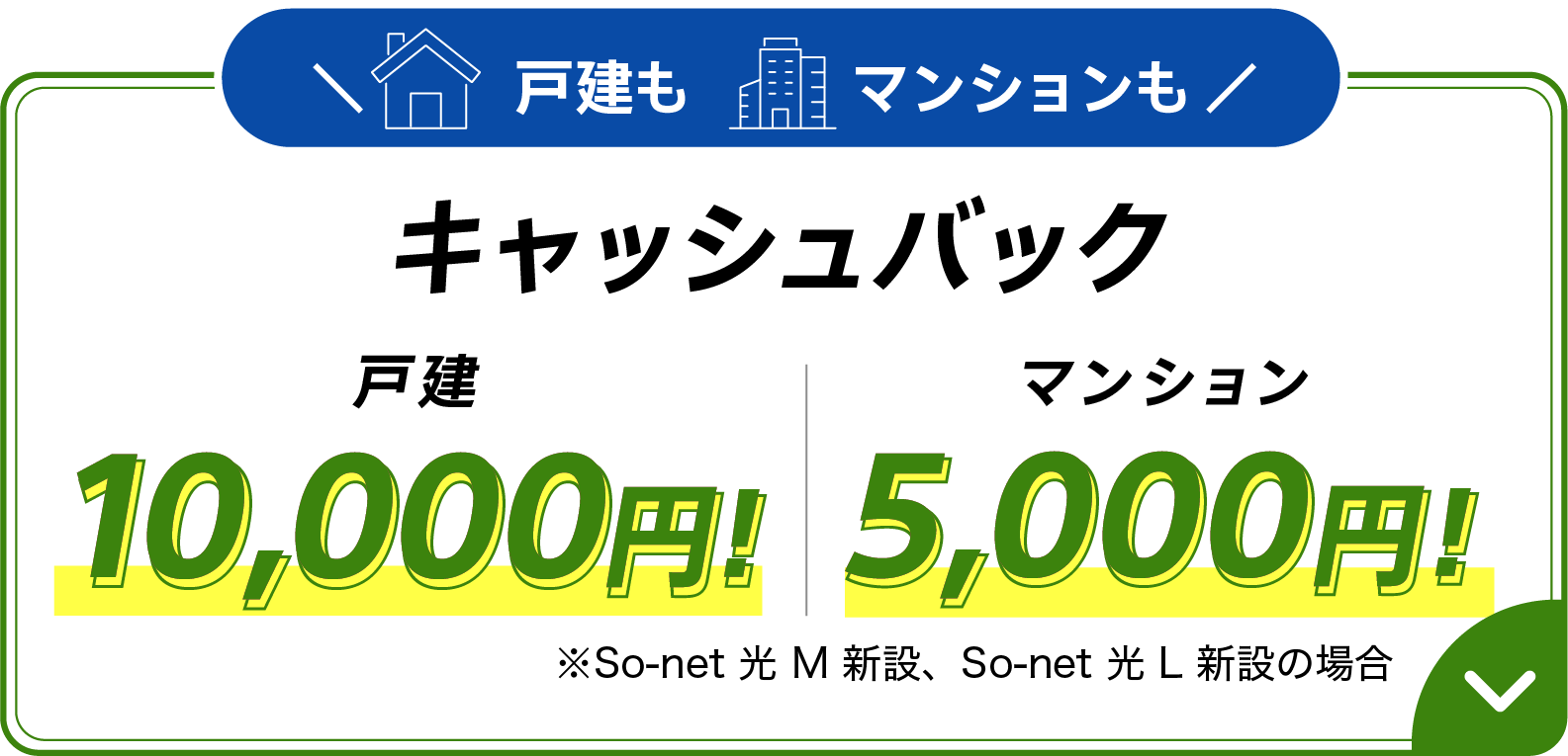 戸建もマンションもキャッシュバック 戸建10,000円キャッシュバック  マンション5,000円キャッシュバック ※So-net 光 M 新設、So-net 光 L 新設の場合