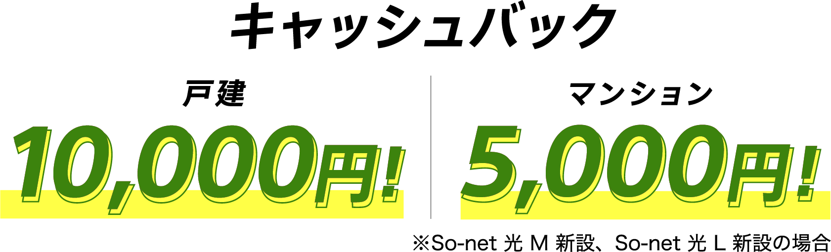 戸建もマンションもキャッシュバック 戸建10,000円キャッシュバック マンション5,000円キャッシュバック ※So-net 光 M 新設、So-net 光 L 新設の場合