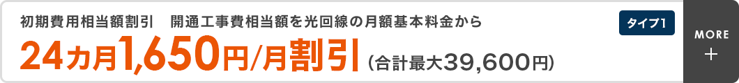 タイプ1　初期費用相当額割引　開通工事費相当額を光回線の月額基本料金から24カ月1,650円/月割引（合計最大39,600円）