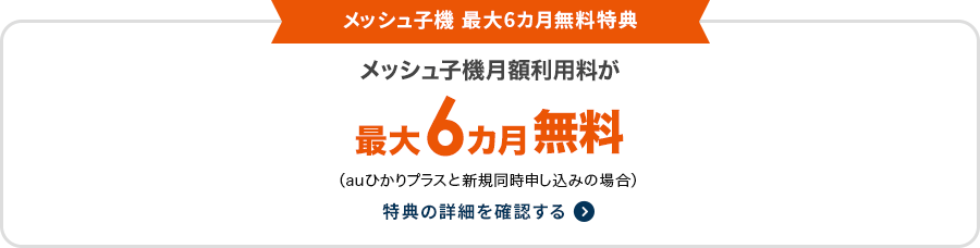 メッシュ子機 最大6カ月無料特典 メッシュ子機月額利用料が最大6カ月無料（auひかりプラスと新規同時申し込みの場合）特典詳細を確認する