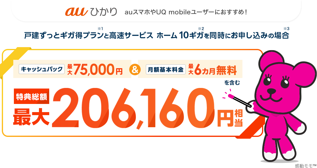 auひかり　auスマホやUQ mobileユーザーにおすすめ！戸建ずっとギガ得プラン※1と高速サービス ホーム 10ギガ※2を同時にお申し込みの場合※3　キャッシュバック最大75,000円＆月額基本料金最大6カ月無料を含む　特典総額最大206,160円相当