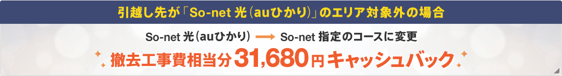 引越し先が「So-net 光 (auひかり)」のエリア対象外の場合 So-net 光 (auひかり) →So-net 指定のコースに変更 撤去工事費相当分31,104円キャッシュバック