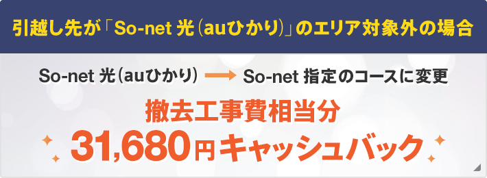 引越し先が「So-net 光 (auひかり)」のエリア対象外の場合 So-net 光 (auひかり) →So-net 指定のコースに変更 撤去工事費相当分31,680円キャッシュバック