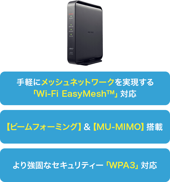 手軽にメッシュネットワークを実現する「wi-fi easymesh™」対応。【ビームフォーミング】&【mu-mimo】搭載。より強固なセキュリティー「wpa3」対応。