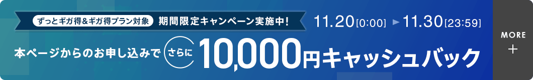 ずっとギガ得＆ギガ得プラン対象 期間限定キャンペーン実施中！11月20日0時0分から11月30日23時59分まで 本ページからのお申し込みでさらに10,000円キャッシュバック