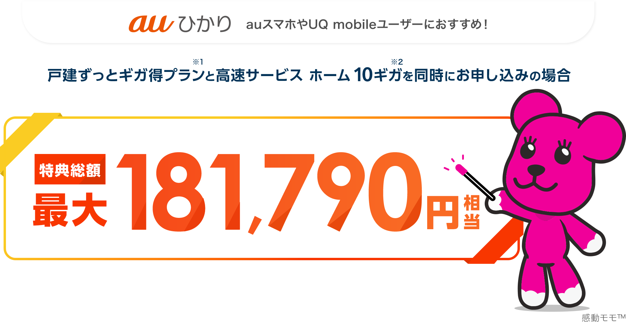 auひかり　auスマホやUQ mobileユーザーにおすすめ！戸建ずっとギガ得プランと高速サービス ホーム 10ギガを同時にお申し込みの場合　特典総額最大181,790円相当