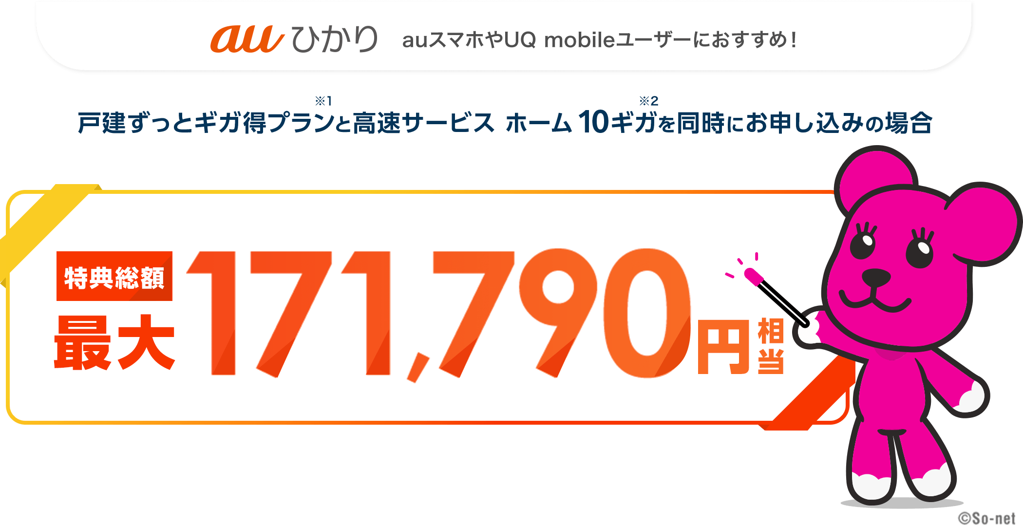 auひかり　auスマホやUQ mobileユーザーにおすすめ！戸建ずっとギガ得プランと高速サービス ホーム 10ギガを同時にお申し込みの場合　特典総額最大171,790円相当