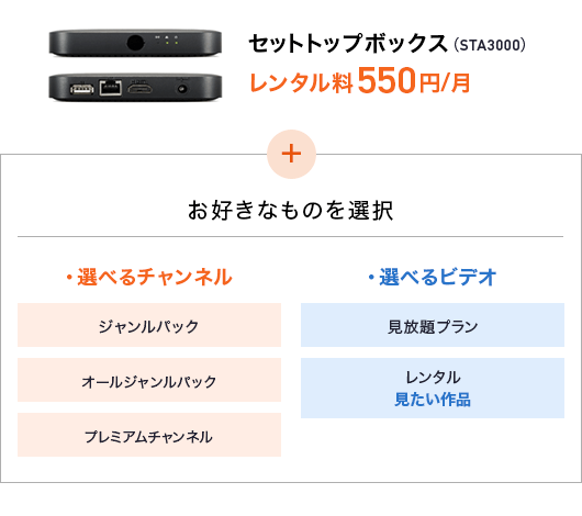 セットトップボックス(STA3000)レンタル料550円/月 + お好きなものを選択 選べるチャンネル　ジャンルパック　オールジャンルパック　プレミアムチャンネル　選べるビデオ　見放題プラン　レンタル見たい作品