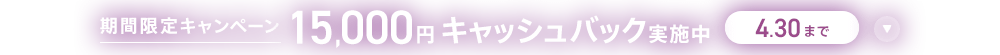 期間限定キャンペーン 15,000円キャッシュバック実施中 4/30まで