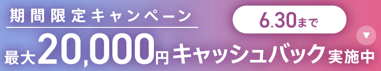 期間限定キャンペーン最大20,000円キャッシュバック実施中 6/30まで