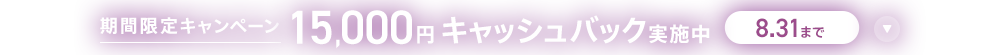 期間限定キャンペーン15,000円キャッシュバック実施中 8/31まで