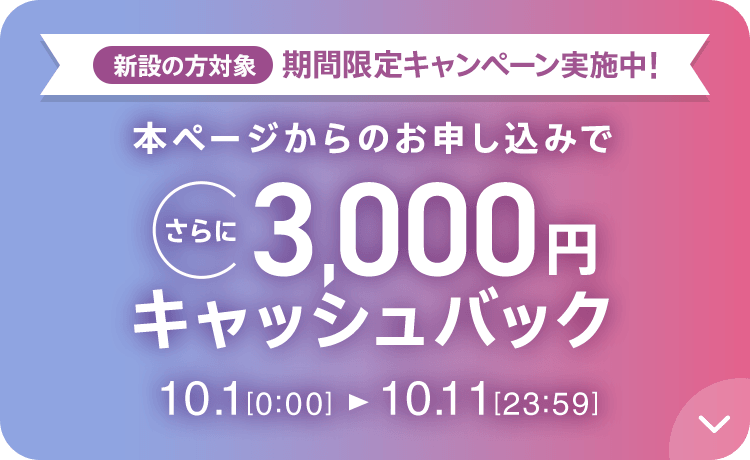 新設の方対象 期間限定キャンペーン実施中 本ページからのお申し込みでさらに10,000円キャッシュバック 10/1 0:00～10/11 23:59