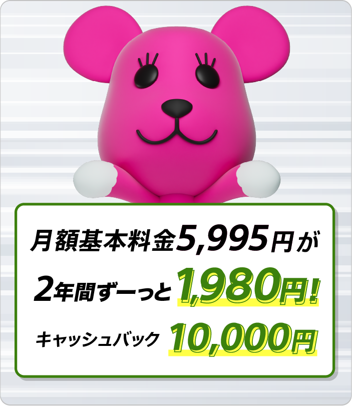 ソネット 光 1ギガ 月額基本料金5,995円が2年間ずーっと1,980円さらにキャッシュバック10,000円