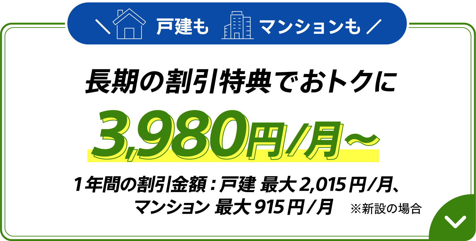 戸建もマンションも長期の割引特典でおトクに 3,980円/月~ 1年間の割引金額:戸建 最大2,015円/月、マンション 最大915円/月 ※新設の場合