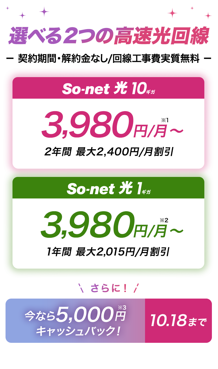 選べる2つの高速回線 契約期間・解約金なし/回線工事費実質無料　ソネット光 10ギガは3,980円/月～※1 2年間最大2,400円/月割引 ソネット 光 1ギガは3,980円/月～※2 1年間最大2,015円/月割引 さらに期間限定キャンペーン5,000円※3キャッシュバック 10/18まで