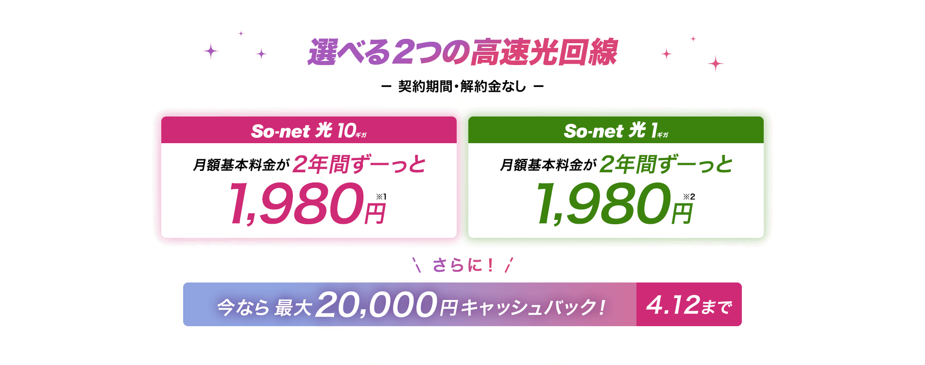 選べる2つの高速回線 契約期間・解約金なし ソネット光 10ギガは月額基本料金 2年間ずーっと1,980円※1 ソネット 光 1ギガは月額基本料金 2年間ずーっと1,980円※2 どちらもさらに今なら最大20,000円キャッシュバック 4月12日まで